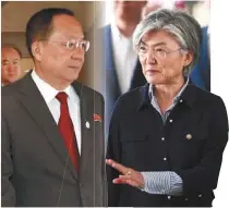  ??  ?? 北韓外長李勇浩（左圖，美聯社）與南韓外長康京和（右圖，歐新社）曾對話約三分鐘。