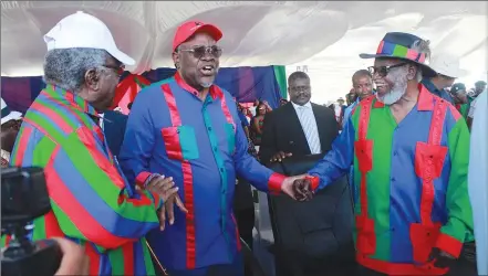  ?? Photo: Emmency Nuukala ?? Happy… Founding President Sam Nujoma (right) with President Hage Geingob (middle) and former President Hifikepuny­e Pohamba. Nujoma celebrates his 94th birthday today.