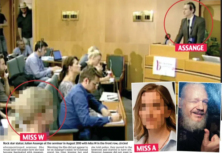  ??  ?? Rock star status: Julian Assange at the seminar in August 2010 with Miss W in the front row, circled Claim: Miss A, and the WikiLeaks chief arriving at court on Thursday MISS W MISS A ASSANGE