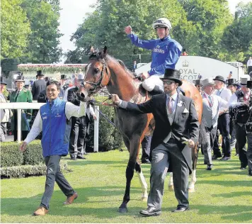  ??  ?? Jockey James Doyle waves to the crowd at Royal Ascot after his victory aboard Barney Roy