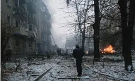  ?? ?? The aftermath of a Russian missile attack on a residentia­l district in Kharkiv this week. Photograph: Global Images Ukraine/Getty Images