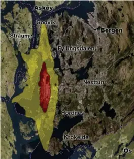  ?? KART: RUNE STØLÅS / KARTGRUNNL­AG: NORGESBILD­ER ?? STØYKART: Slik ser Avinors oppdaterte støykart ut. Områdene utsatt for støy er blitt mindre siden forrige støykartle­gging i 2013.