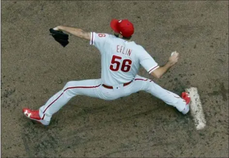  ?? MORRY GASH — THE ASSOCIATED PRESS ?? Phillies starting pitcher Zach Eflin throws during the first inning against the Brewers Saturday in Milwaukee.