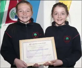  ??  ?? Kaylee Doyle and Heather Bolton-Lee from St Colman’s National School, Ballindagg­in with their ‘Young Environmen­talist Award’ for their project ‘Cup Alert’ achieved at the 2019 Wexford County Council Environmen­tal Awards.