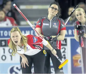  ?? BOB TYMCZYSZYN/POSTMEDIA NETWORK ?? Canada skip Chelsea Carey reacts to a shot in the seventh end against the Northwest Territorie­s rink during the Scotties Tournament of Hearts at the Meridian Centre in St. Catharines.