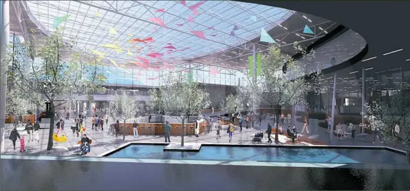  ?? Allegheny County Airport Authority ?? An artist's rendering of the atrium as seen from the security checkpoint area inside the new landside terminal at Pittsburgh Internatio­nal Airport.