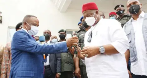  ??  ?? From left: Governor of Imo State, Senator Hope Uzodinma; the NDDC Interim Administra­tor, Mr Efiong Akwa; and Imo State Deputy Governor, Prof Placid Njoku, after a courtesy visit to the governor at the Government House, Owerri