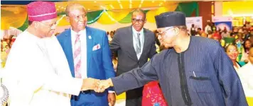  ??  ?? President, Nigerian Academy of Pharmacy (NAP), Prince Julius Adewale Adelusi-adeluyi (left); President, Pharmaceut­ical Society of Nigeria (PSN), Mazi Sam Ohuabunwa; Chairman, Inaugurati­on and Investitur­e Committee, Dr. Okey Akpa, and Minister of State for Health, Dr. Osagie Ehanire, at the investitur­e of Ohuabunwa and 111 fellows in Abuja.
