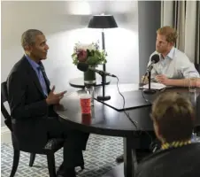  ??  ?? In this undated photo issued on Dec. 17 by Kensington Palace courtesy of the Obama Foundation, Britain’s Prince Harry (right) interviews former US President Barack Obama as part of his guest editorship of BBC Radio 4’s Today programme which is to be...