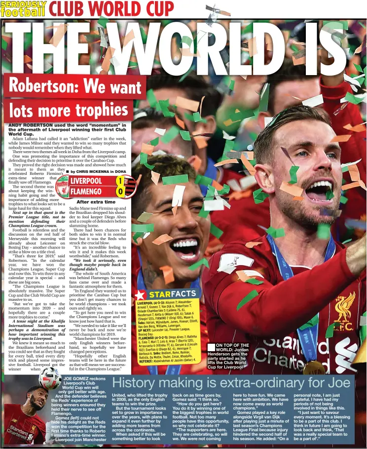  ??  ?? ■
ON TOP OF THE WORLD: Jordan Henderson gets the party started as he lifts the Club World Cup for Liverpool