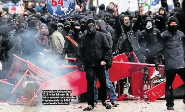  ??  ?? Linksradik­ale im Dezember 2013 in der Schanze: Die Polizei erwartet nach aktuellen Prognosen mehr als 8000 gewaltbere­ite Protestler.