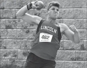  ?? Photo by Jerry Silberman / risportsph­oto.com ?? Garrett Doyle (above) the Lincoln weight throwers took home seven medals at Saturday’s state meet, while the Mount St. Charles 4x400-meter relay team (below) set a new school record to finish third and earn a spot at New Englands.