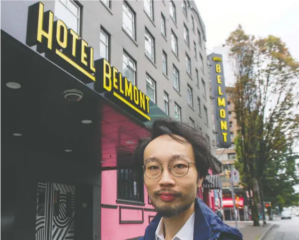  ?? JASON PAYNE ?? Jeff Leung is the general manager of the Hotel Belmont on Granville Street. Due to city zoning, the hotel’s vertical neon sign of an animated diving lady is not allowed to rotate on its axis.