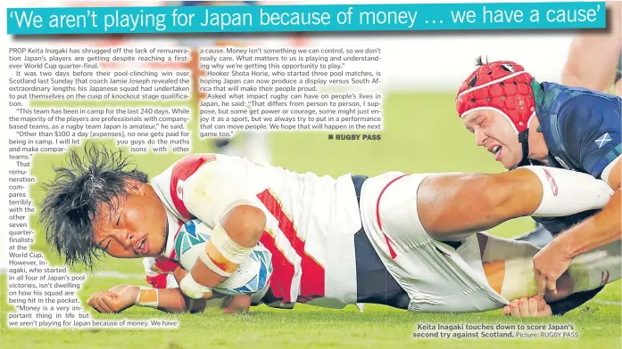  ?? Picture: RUGBY PASS ?? Keita Inagaki touches down to score Japan’s second try against Scotland.