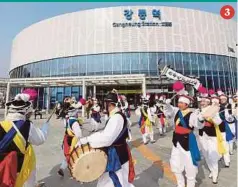  ?? EPA PIC ?? 3. A farmers’ art troupe performing a festive dance at Gangneung Station in Gangneung, a sub-host city of the Pyeongchan­g Winter Olympics, in South Korea yesterday. The Lunar New Year is known as ‘Seol’ in Korean. 3