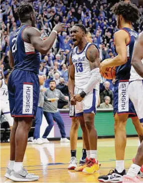  ?? Noah K. Murray/Associated Press ?? Seton Hall’s KC Ndefo (13) reacts after scoring against UConn during the second half on Jan. 18.