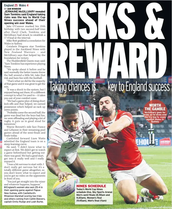  ??  ?? NINES SCHEDULE Today’s World Cup Nines schedule (live, Sky Sports Arena) Men’s semi-finals (8.55am and 9.20am), Women’s final (9.45am), Men’s final (11am) WORTH THE GAMBLE Mcgillvary goes for broke as he dives over the try line to score against Wales in Sydney