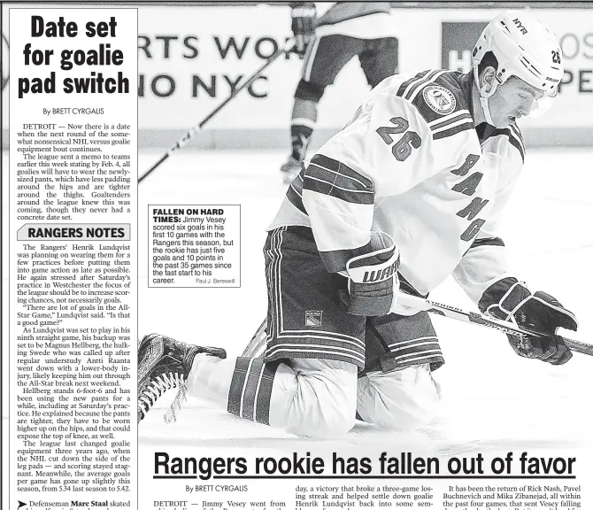  ??  ?? FALLEN ON HARD TIMES: Jimmy Vesey scored six goals in his first 10 games with the Rangers this season, but the rookie has just five goals and 10 points in the past 35 games since the fast start to his career. Paul J. Bereswill