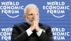  ?? PHOTO: REUTERS ?? India’s Prime Minister Narendra Modi gestures at the opening plenary during the World Economic Forum annual meeting in Davos, Switzerlan­d, yesterday.