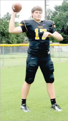  ?? MARK HUMPHREY ENTERPRISE-LEADER ?? Prairie Grove junior Dylan Soehner has grown to 6-foot-7 and 265 pounds. He played quarterbac­k as a freshman before switching to tight end last season and gives the Tigers another option as a signal caller.