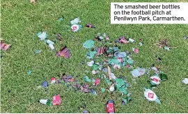  ?? ?? The smashed beer bottles on the football pitch at Penllwyn Park, Carmarthen.