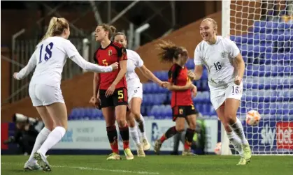  ?? ?? Kiera Skeels celebrates with her teammates after scoring England Under-23s’ fourth goal against Belgium. Photograph: Lewis Storey/The FA/Getty Images