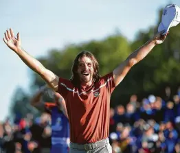  ?? Stuart Franklin / Getty Images ?? Europe’s Tommy Fleetwood, who was paired with Francesco Molinari, celebrates their foursomes match win over Tiger Woods and Bryson DeChambeau.