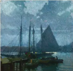  ??  ?? Frederick John Mulhaupt (1871-1938), Moonlight, Gloucester Harbor. Oil on canvas on board, 36 x 36 in., signed lower right: ‘Mulhaupt’. Courtesy Avery Galleries.