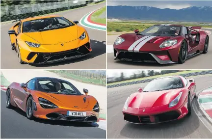  ??  ?? Clockwise, from top left: the 2018 Lamborghin­i Huracan Performant­e; the 2017 Ford GT; the 2016 Ferrari 488; and the 2018 McLaren 720S.