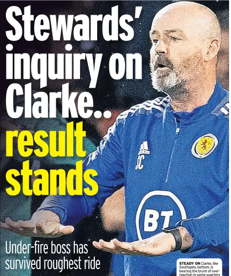  ?? ?? STEADY ON Clarke, like Southgate, bottom, is bearing the brunt of overreacti­on in some quarters