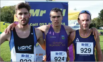  ??  ?? The top three in the county Senior cross-country who will be in action in Adamstown on Sunday (from left): Aedan Rogers, United Striders (second), Ger Forde (Slaney Olympic, first), Niall Sheil (St. Killian’s, third).