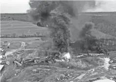  ?? GENE J. PUSKAR/AP ?? This photo taken with a drone shows portions of a Norfolk and Southern freight train that derailed Feb. 3 in East Palestine, Ohio, are still on fire the following day.