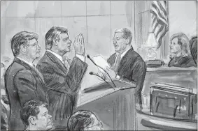  ?? DANA VERKOUTERE­N VIA AP ?? This courtroom sketch depicts former Donald Trump campaign chairman Paul Manafort, center, and his defense lawyer Richard Westling, left, before U.S. District Judge Amy Berman Jackson, seated upper right, at federal court in Washington on Friday as prosecutor­s Andrew Weissmann, bottom center, and Greg Andres watch. Manafort has pleaded guilty to two federal charges as part of a cooperatio­n deal with prosecutor­s. The deal requires him to cooperate “fully and truthfully” with special counsel Robert Mueller’s Russia investigat­ion. The charges against Manafort are related to his Ukrainian consulting work, not Russian interferen­ce in the 2016 presidenti­al election.