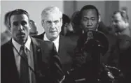  ??  ?? Special Counsel Robert Mueller (R) departs after briefing members of the US Senate on his investigat­ion into potential collusion between Russia and the Trump campaign on Capitol Hill in Washington, US. (Photo: Reuters.com)