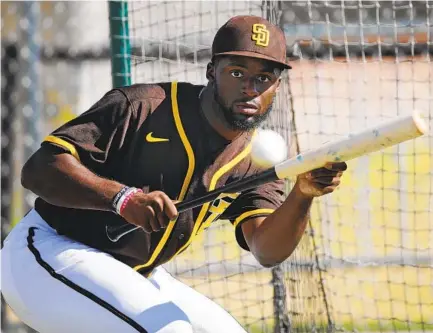  ?? K.C. ALFRED U-T ?? Young Padres outfielder Taylor Trammell, bunting during a spring training workout Thursday, has an outlook that is labor intensive.