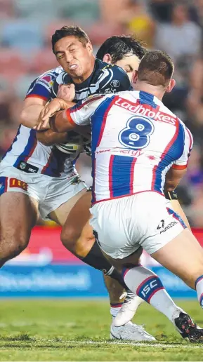  ?? OUCH: Cowboys’ Te Maire Martin takes a heavy tackle during last night’s game against the Knights at 1300SMILES Stadium. Picture: ALIX SWEENEY ??