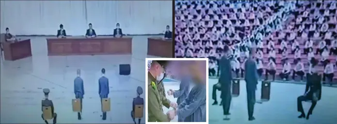  ?? ?? No mercy: The North Korean boys are sentenced at a show court watched by young students before being handcuffed and taken away by uniformed guards, inset