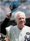  ?? THE NEW YORK TIMES FILE PHOTO ?? Yankees great Whitey Ford tips his cap at an old-timers game for the 60th anniversar­y of their 1950 championsh­ip season, when Ford was a rookie, at Yankee Stadium on July 17, 2010.