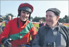  ?? (Pic: John Ahern) ?? GREAT DAY FOR ARAGLIN JOCKEY: Jack Reidy from Lyre, Araglin, congratula­ting Darragh Allen, who recorded a 3 timer at last Sunday’s Ballynoe Point-to-Points.