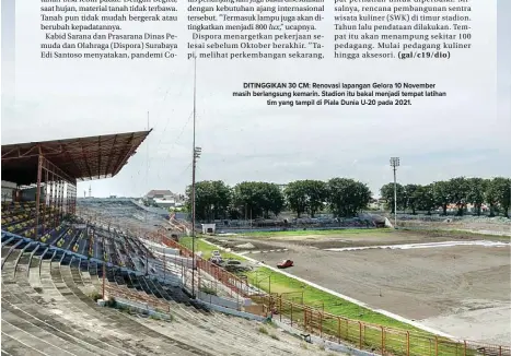  ?? ALFIAN RIZAL/JAWA POS ?? DITINGGIKA­N 30 CM: Renovasi lapangan Gelora 10 November masih berlangsun­g kemarin. Stadion itu bakal menjadi tempat latihan tim yang tampil di Piala Dunia U-20 pada 2021.