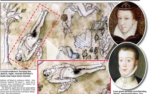  ??  ?? Crucial evidence: Turning the sketch, right, reveals Darnley’s body may have been moved Love gone wrong: Lord Darnley, above, and Queen Mary, top