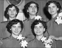  ?? The Canadian Press ?? The Dionne quintuplet­s, front row, from left Cecile and Yvonne, and back row from left Marie, Emilie and Annette are shown in a 1952 photo. The two surviving Dionne quintuplet­s are urging officials in northeaste­rn Ontario to preserve the home where...