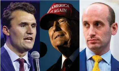  ?? Composite: Bloomberg, Getty Images ?? Pro-Trump groups led by Charlie Kirk, left, and Stephen Miller, right, have received a substantia­l infusion of cash from two conservati­ve non-profits.