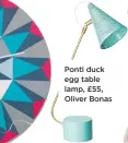  ??  ?? Ponti duck egg table lamp, £55, Oliver Bonas