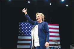  ??  ?? SAN FRANCISCO: Democratic presidenti­al candidate Hillary Clinton waves after speaking at a fundraiser at the Civic Center Auditorium. — AP