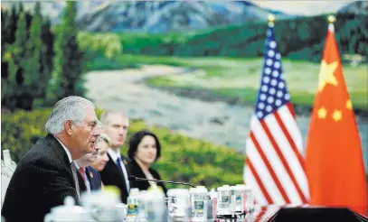 ??  ?? The Associated Press U.S. Secretary of State Rex Tillerson meeting Saturday with Chinese diplomats at the Great Hall of the People in Beijing.