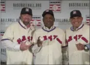  ?? AP FILE ?? Hall of Fame inductees Jeff Bagwell, left, Tim Raines, center, and Ivan Rodriguez, poses for a photo during a news conference, in New York. Bagwell,