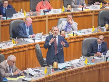  ?? EDDIE MOORE/JOURNAL ?? Rep. Daymon Ely, D-Corrales, leads a veto override attempt on the House floor Wednesday during the first hour of the special session.