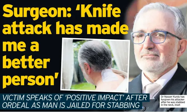  ??  ?? Dr Nasser Kurdy has forgiven his attacker after he was stabbed in the neck, inset