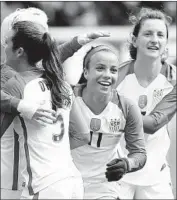  ?? Noah K. Murray Associated Press ?? MALLORY PUGH, center, celebrates after scoring a goal in the SheBelieve­s Cup in March.